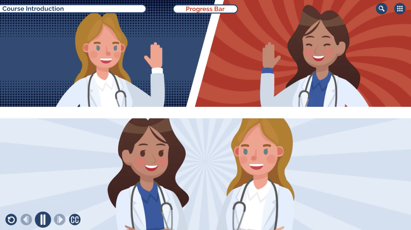 Designing Digitally - Split-screen graphic design showing two diverse female doctors smiling and waving, with stylized backgrounds indicating eLearning medical educational content. Designing Digitally -
