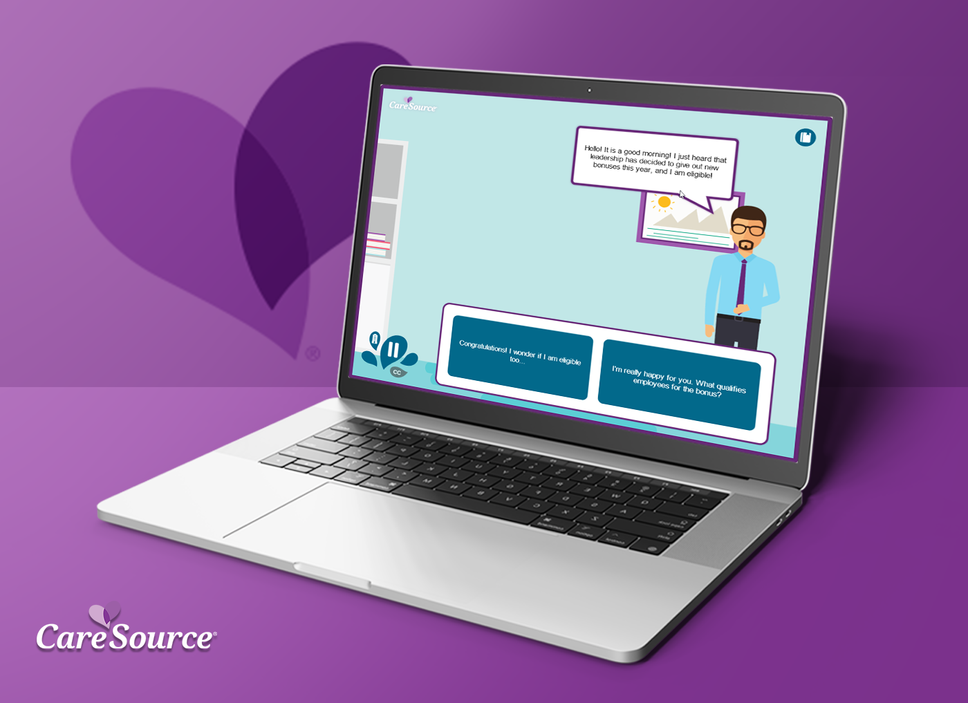 Designing Digitally - Laptop displaying the CareSource Interactive Compliance Training Program with text and graphics, set against a purple background with the CareSource logo in the bottom left corner. Designing Digitally -