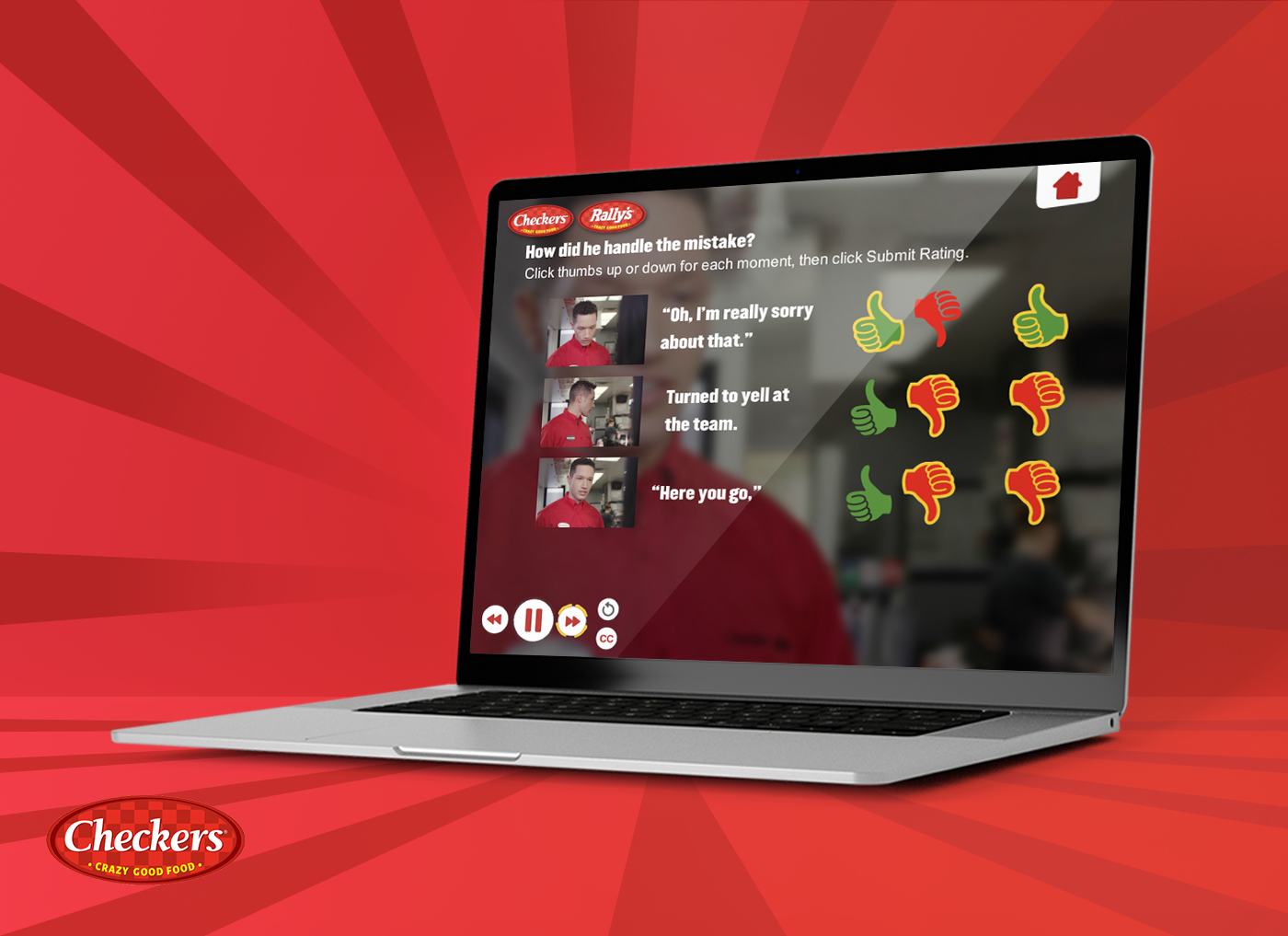 Designing Digitally - A laptop screen displaying a feedback interface with three scenarios and thumbs up/thumbs down rating options. The background is red with the Checker's logo in the bottom left corner, reminiscent of fast food training games for quick and engaging learning experiences. Designing Digitally -