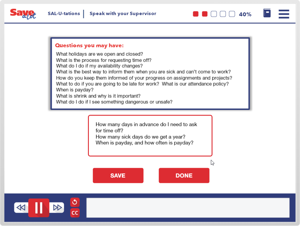 Designing Digitally - Screenshot of a digital employee assistance interface with FAQs about holidays, work availability, paydays, and other work-related inquiries, now featuring a Virtual Reality option, displaying a "save," "done," and Designing Digitally -