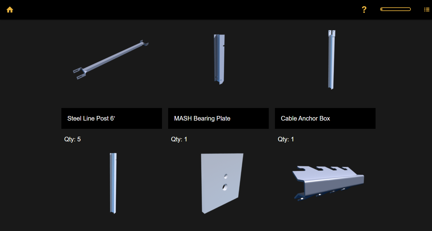 Designing Digitally - The image displays a selection of road construction components including a steel line post, MASH bearing plate, and cable anchor box, with quantities listed below each item. This guard rails product training simulation is perfect for familiarizing yourself with essential materials. Designing Digitally -