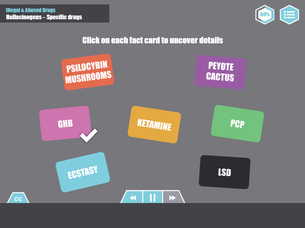 Designing Digitally - The Drug & Alcohol Training Program features an interactive interface displaying cards labeled with various hallucinogens: Psilocybin Mushrooms, Peyote Cactus, GHB, Ketamine, PCP, Ecstasy, and LSD. Users are prompted to click for detailed information. Designing Digitally -