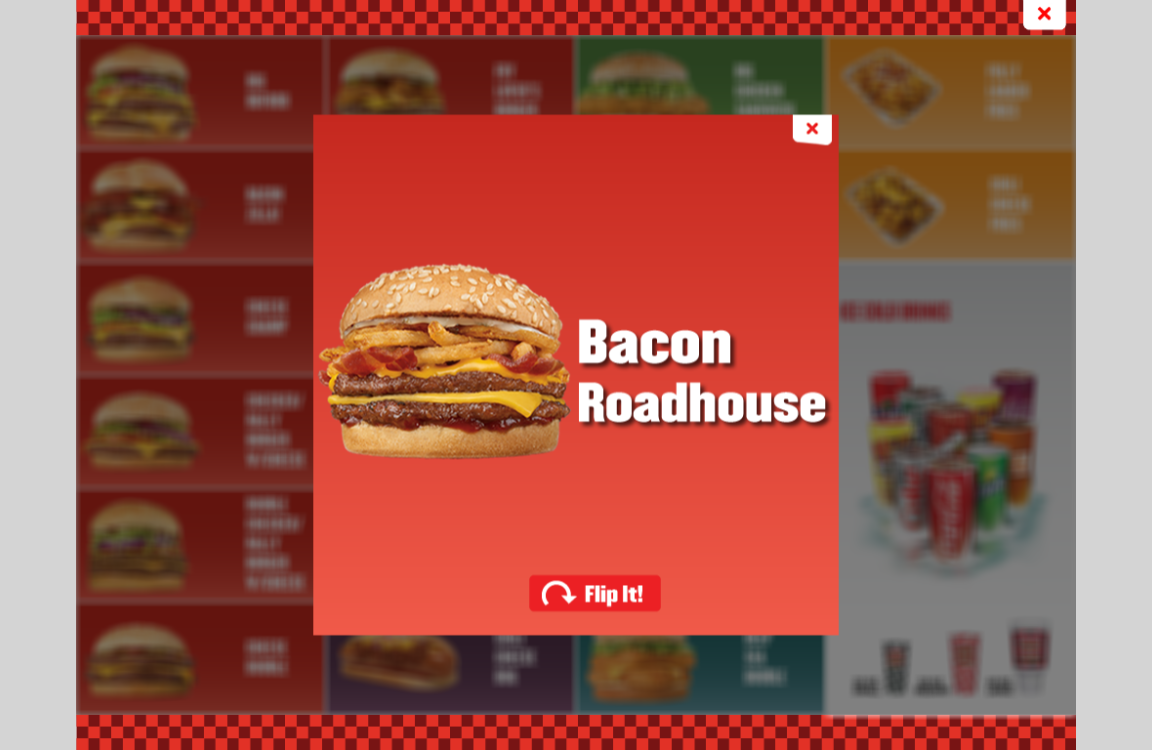 Bacon roadhouse burger promotion ad with an interactive 'flip it' option and custom training games for employees.