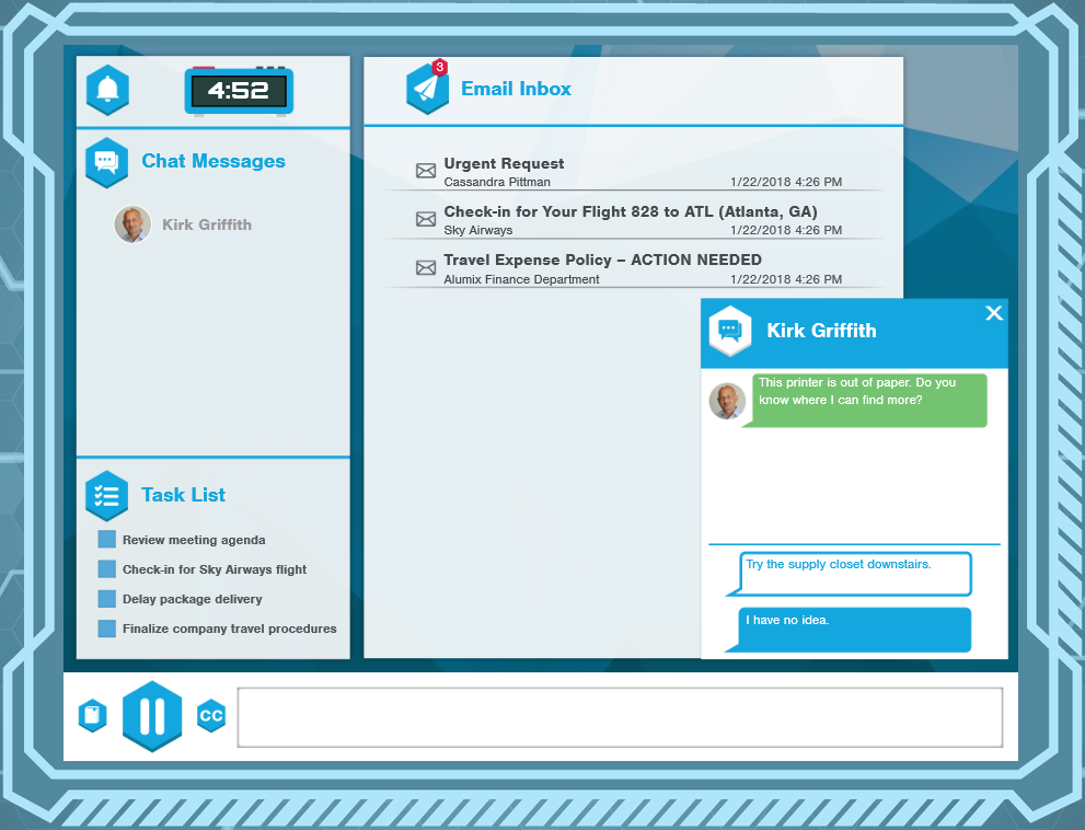A computer desktop interface depicting an email inbox, a chat application, and a task reminder, simulating a professional work environment with Cyber Security Assessment games.