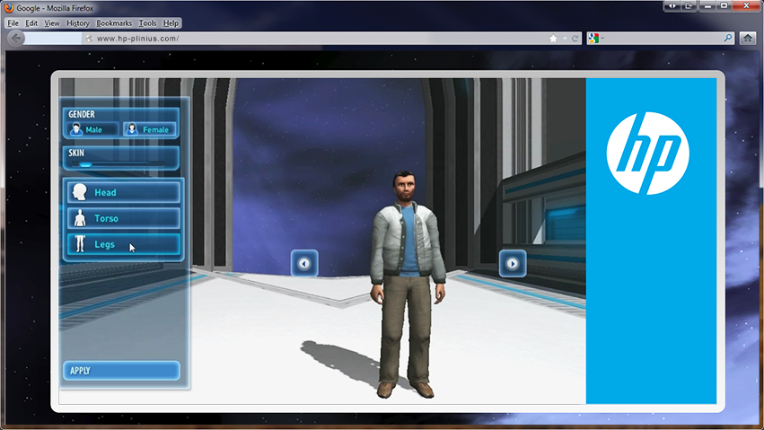 An immersive character customization screen from a video game displayed on an HP computer monitor.