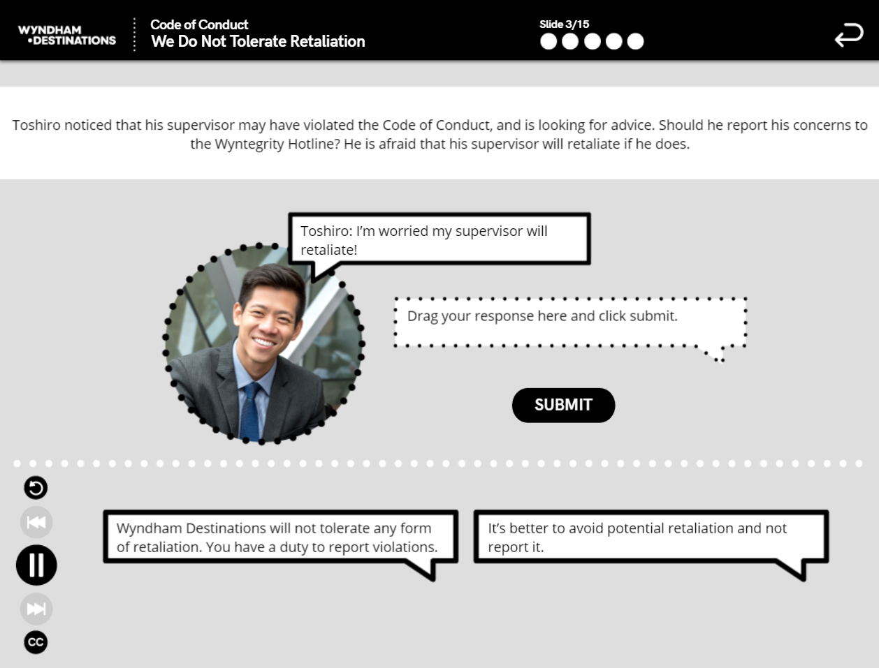 Designing Digitally - A screen titled "We Do Not Tolerate Retaliation" shows a concerned employee named Toshiro asking if he should report his supervisor for violating the Code of Conduct despite fear of retaliation. This scene is part of our Compliance Training Program designed to address such critical issues. Designing Digitally -
