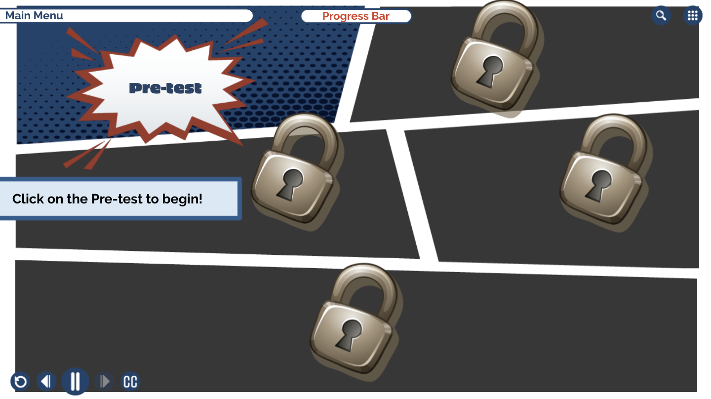Designing Digitally - Digital screen with a "pre-test" graphic, three padlock icons, a main menu, and a progress bar, instructing to click on the pre-test to begin in the eLearning vendor's Designing Digitally -