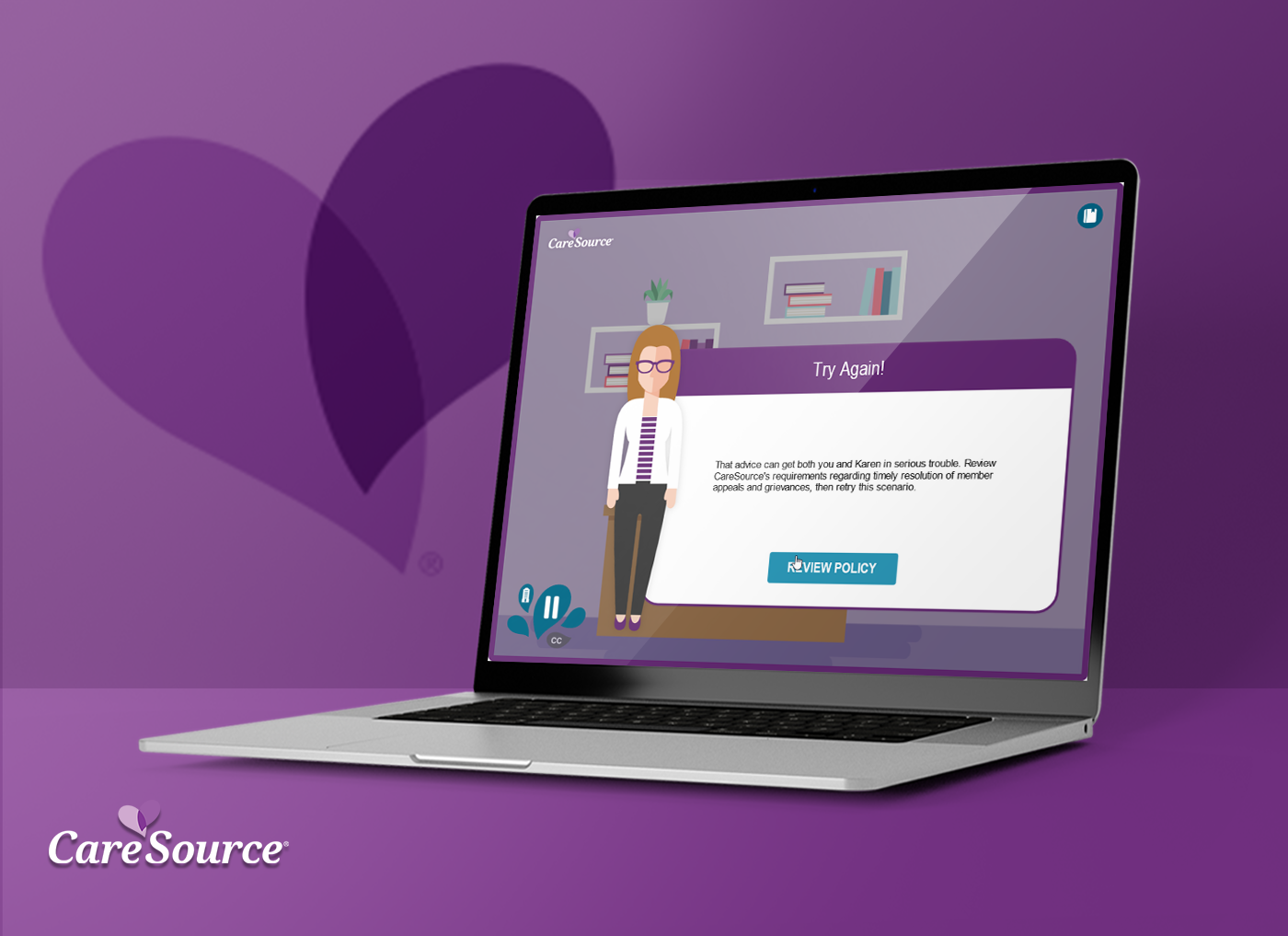 Designing Digitally - A laptop screen displaying an instructional message from the CareSource Interactive Compliance Training Program on a purple background. The CareSource logo is visible on the bottom left. Designing Digitally -