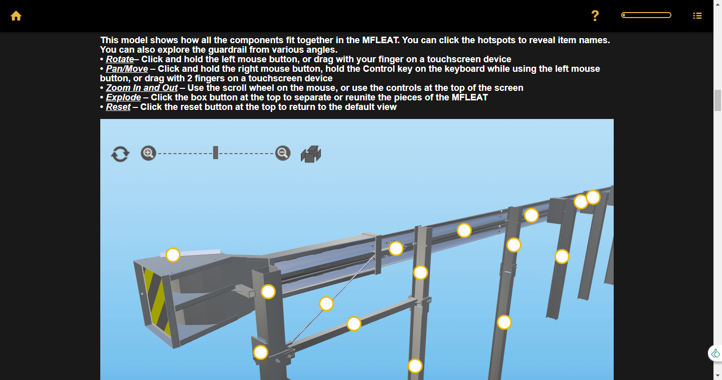 Designing Digitally - A digital illustration of a model with labeled hotspots showcasing different components and their functions in the MIFLEAT, serving as an interactive product training simulation. Instructional text is displayed at the top. Designing Digitally -