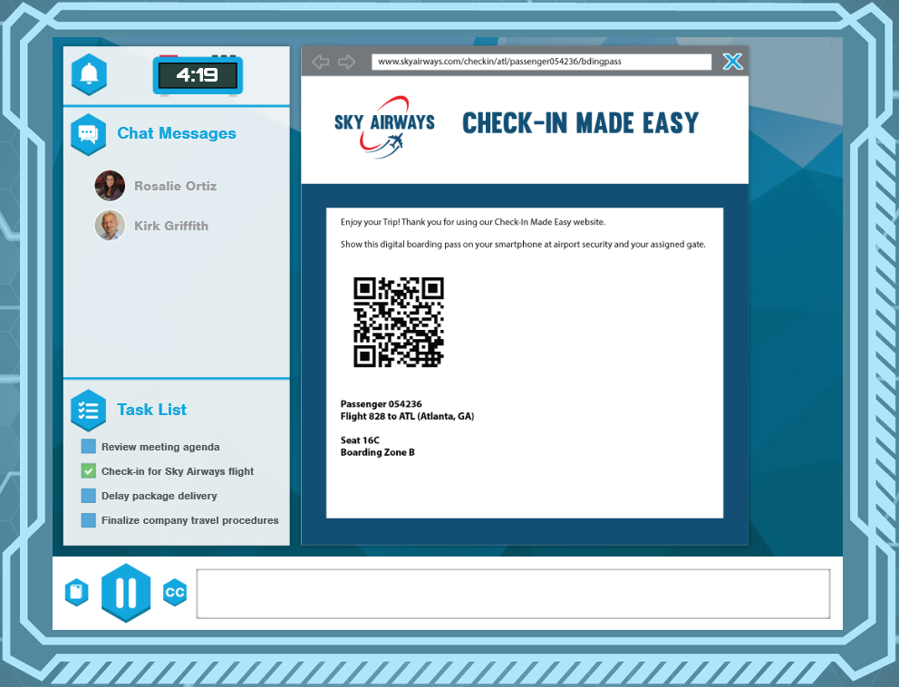 A computer screen displaying an airline boarding pass with a QR code, alongside a chat application with unread messages, crucial for a Cyber Security Assessment.