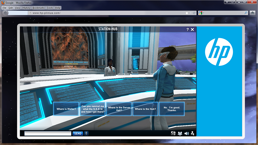 A person is engaging with a virtual assistant in an immersive futuristic computer simulation displayed on an HP monitor for technical training.