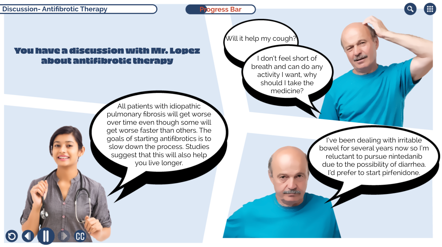 Designing Digitally - Digital health app interface developed by a Simulations Vendor, showing a discussion on antibiotic therapy with animated characters, a male patient and a female doctor, along with speech bubbles and a progress bar. Designing Digitally -