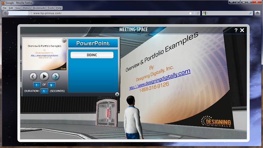 A person in an immersive virtual environment is viewing a technical training Powerpoint presentation on a large screen.