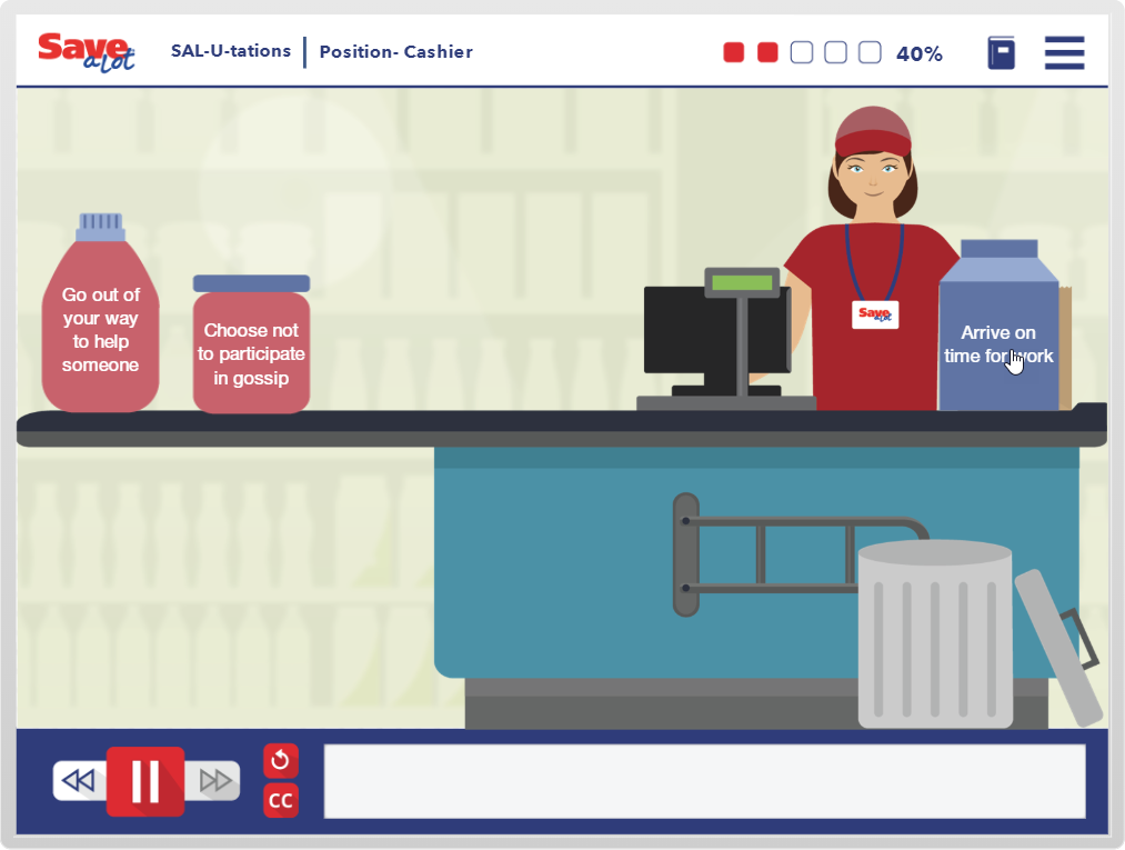 Designing Digitally - Illustration of a female cashier at a grocery store checkout counter, with motivational bubbles and a trash can to the left, depicted in a virtual reality simulation. Designing Digitally -
