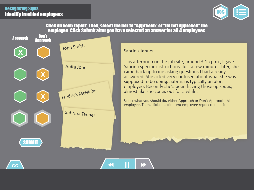 Designing Digitally - A screenshot of a work simulation task where the user must choose whether to "Approach" or "Don't approach" four employees based on their reports, taking into account the Drug & Alcohol Training Program. Sabrina Tanner's report is highlighted. Designing Digitally -