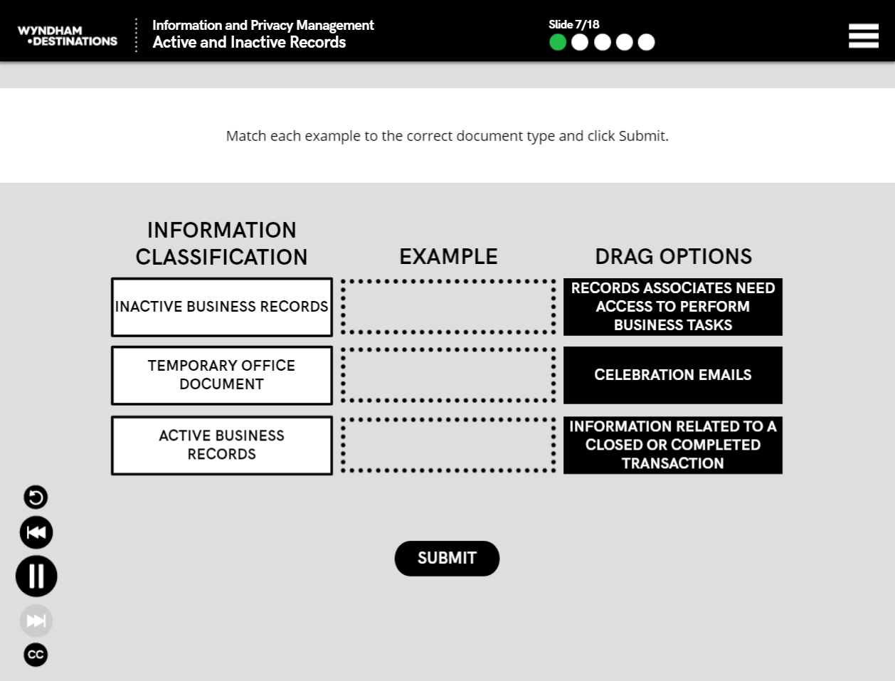 Designing Digitally - A slide titled "Active and Inactive Records" within the Compliance Training Program shows three information classifications, examples, and drag options to match examples with document types. The classifications are inactive business, temporary office, and active business records. Designing Digitally -