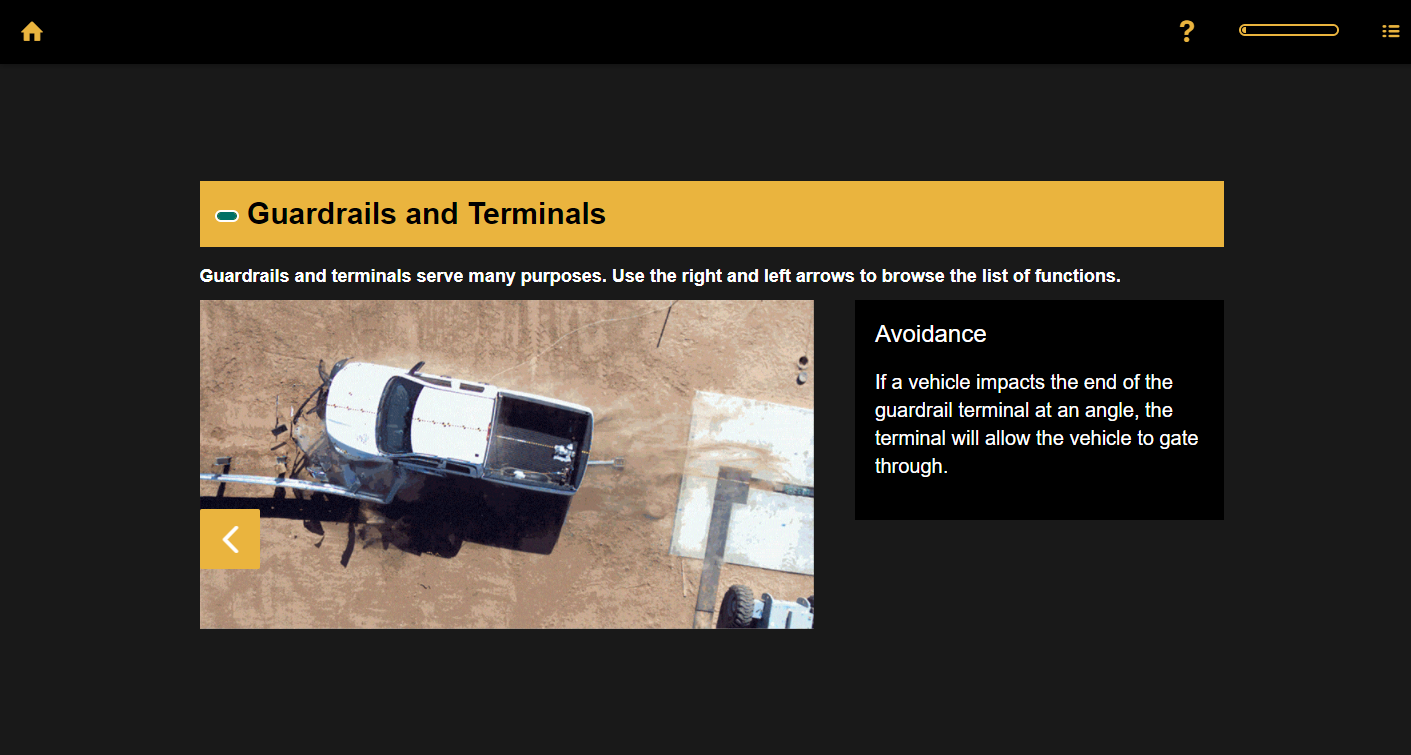 Designing Digitally - Overhead view of a vehicle impacting a guardrail terminal at an angle, demonstrating how the terminal allows the vehicle to pass through the gate. Text explains guardrails and their functions as part of guard rails product training simulation. Designing Digitally -