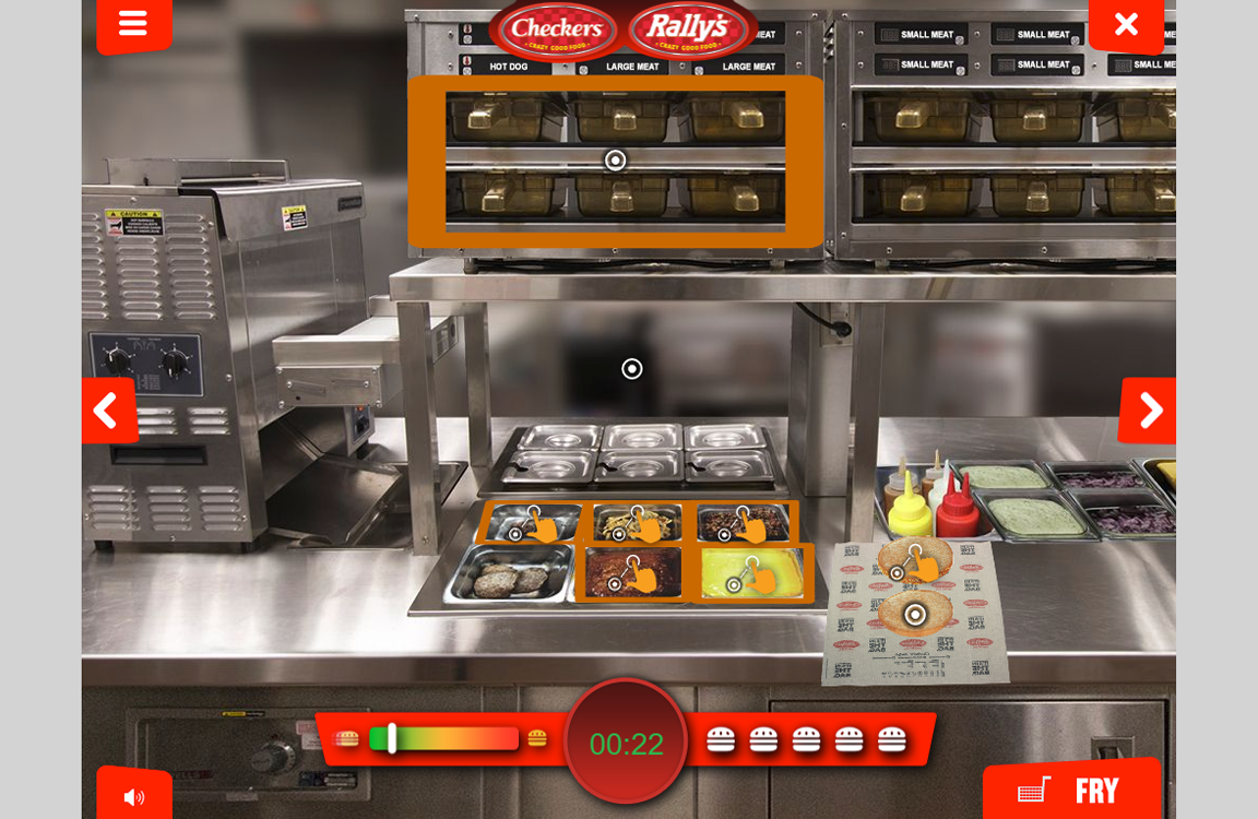 A screenshot of a custom training game for employees, featuring a fast-food restaurant simulation with cooking equipment and food preparation in progress.