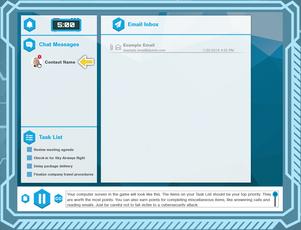 A screenshot of a computer interface displaying a cyber security assessment game with email, chat, and to-do list features.