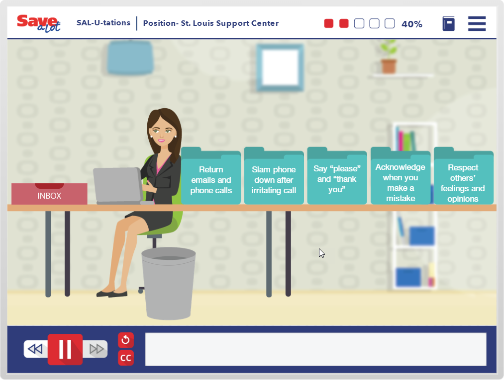 Designing Digitally - Cartoon of a woman sitting at a desk with a laptop, engaged in an online training session by an eLearning vendor, in an office setting, with etiquettes posted on the wall like "respect Designing Digitally -