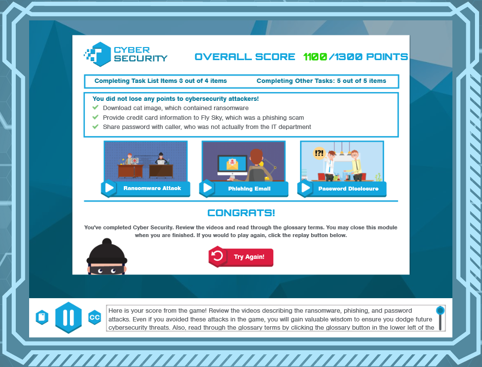 A screenshot showing the results of a Cyber Security Assessment Game with a score of 1140/1350, indicating the user passed despite some mistakes.