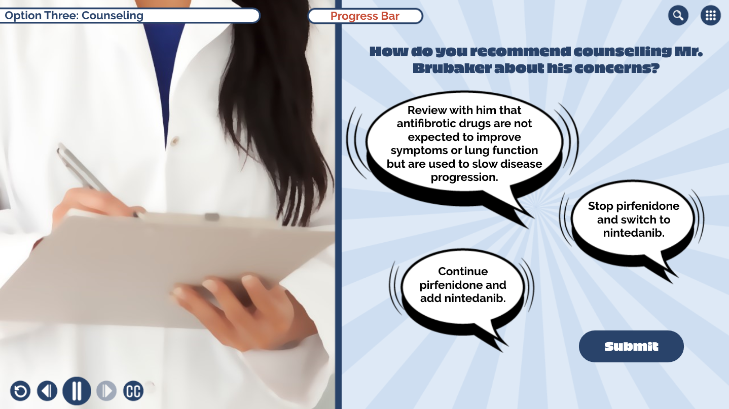 Designing Digitally - A female medical professional reviews a digital tablet, with an on-screen dialogue about counseling methods and medication recommendations provided by an eLearning vendor. Designing Digitally -