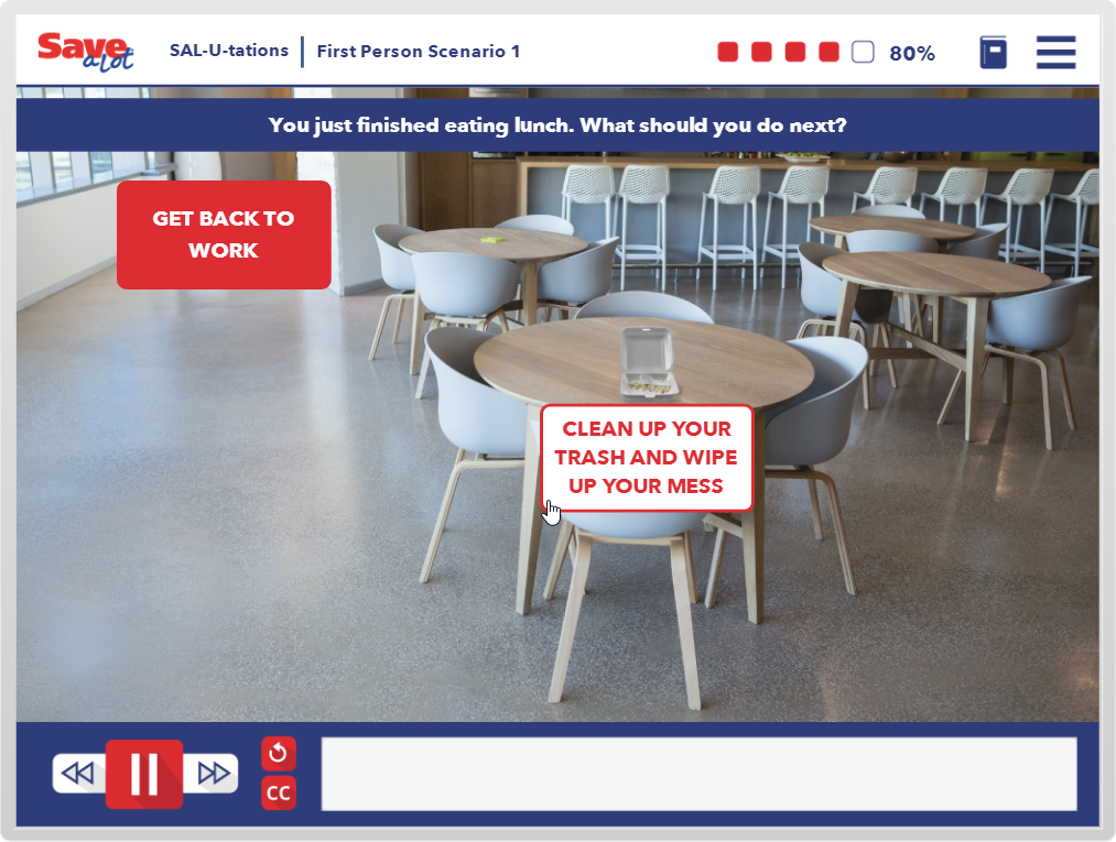 Designing Digitally - Interactive e-learning interface with options to "get back" and "clean up your trash and wipe up your mess" in a virtual reality cafeteria setting. Designing Digitally -