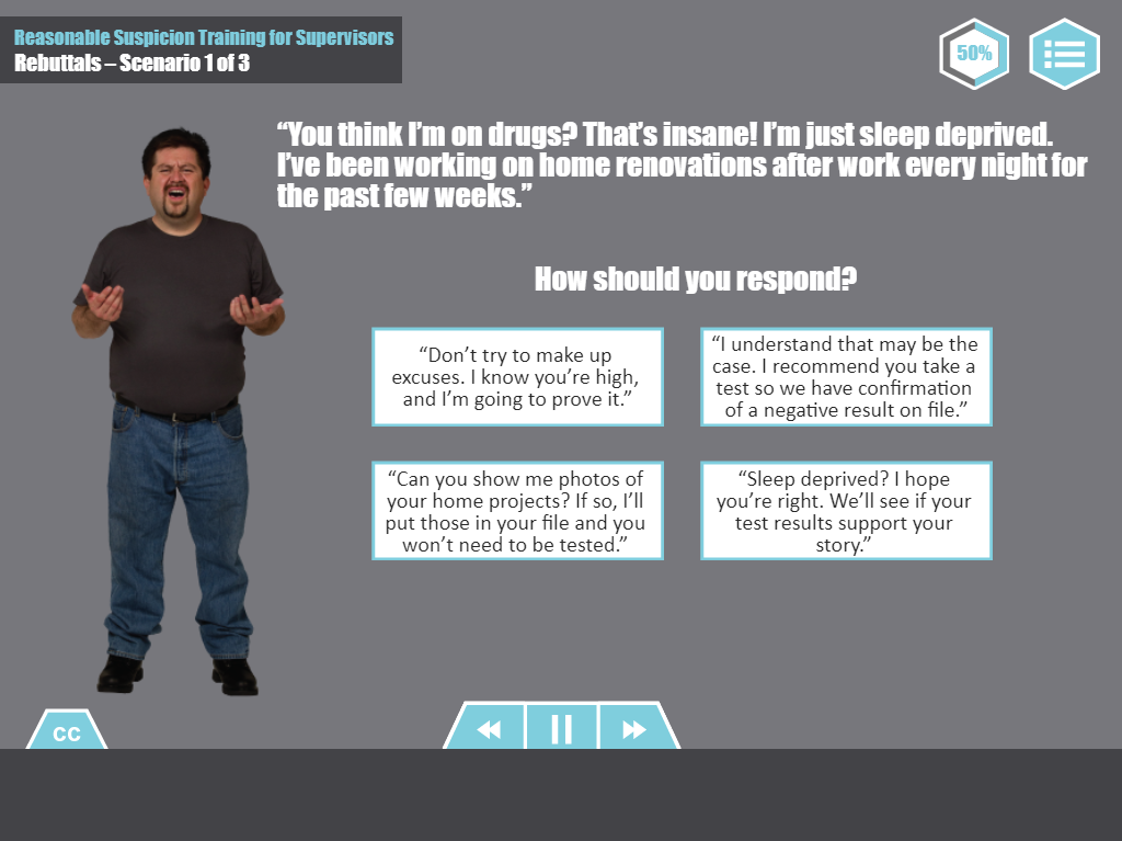 Designing Digitally - A training slide titled "Reasonable Suspicion Training for Supervisors" from the Drug & Alcohol Training Program. It features a man speaking, a quoted statement, and four response options with a progress bar and control buttons at the bottom. Designing Digitally -