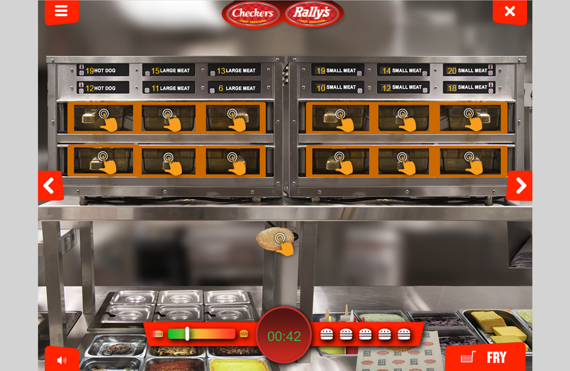A digital simulation of a fast-food kitchen with a focus on the burger preparation station, tailored as custom training games for employees.
