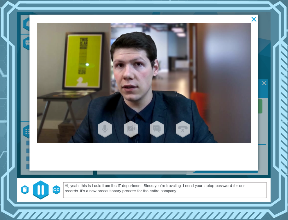 A man in a business environment appears on a video call interface with subtitles of the conversation displayed, discussing Cyber Security Assessment.