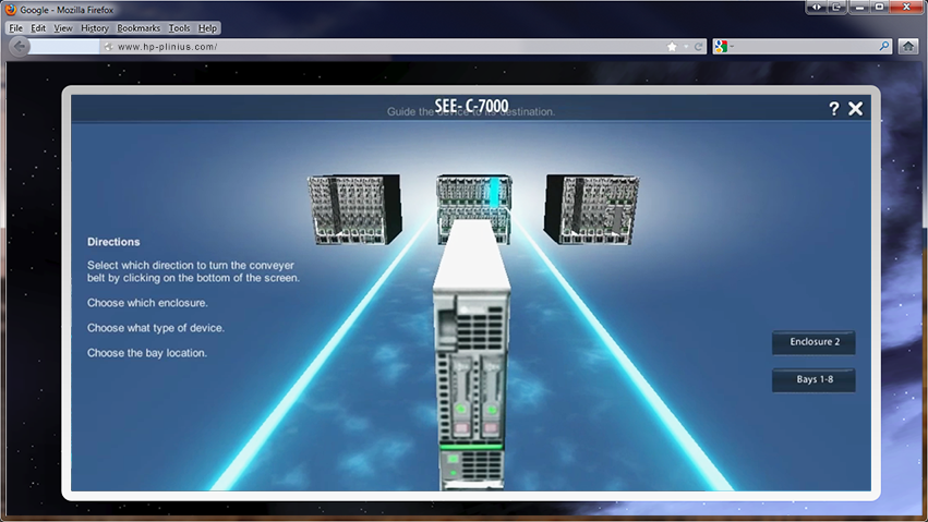 A computer interface displaying a technical training immersive user guide for configuring a server rack with options for direction, enclosure, and device location.