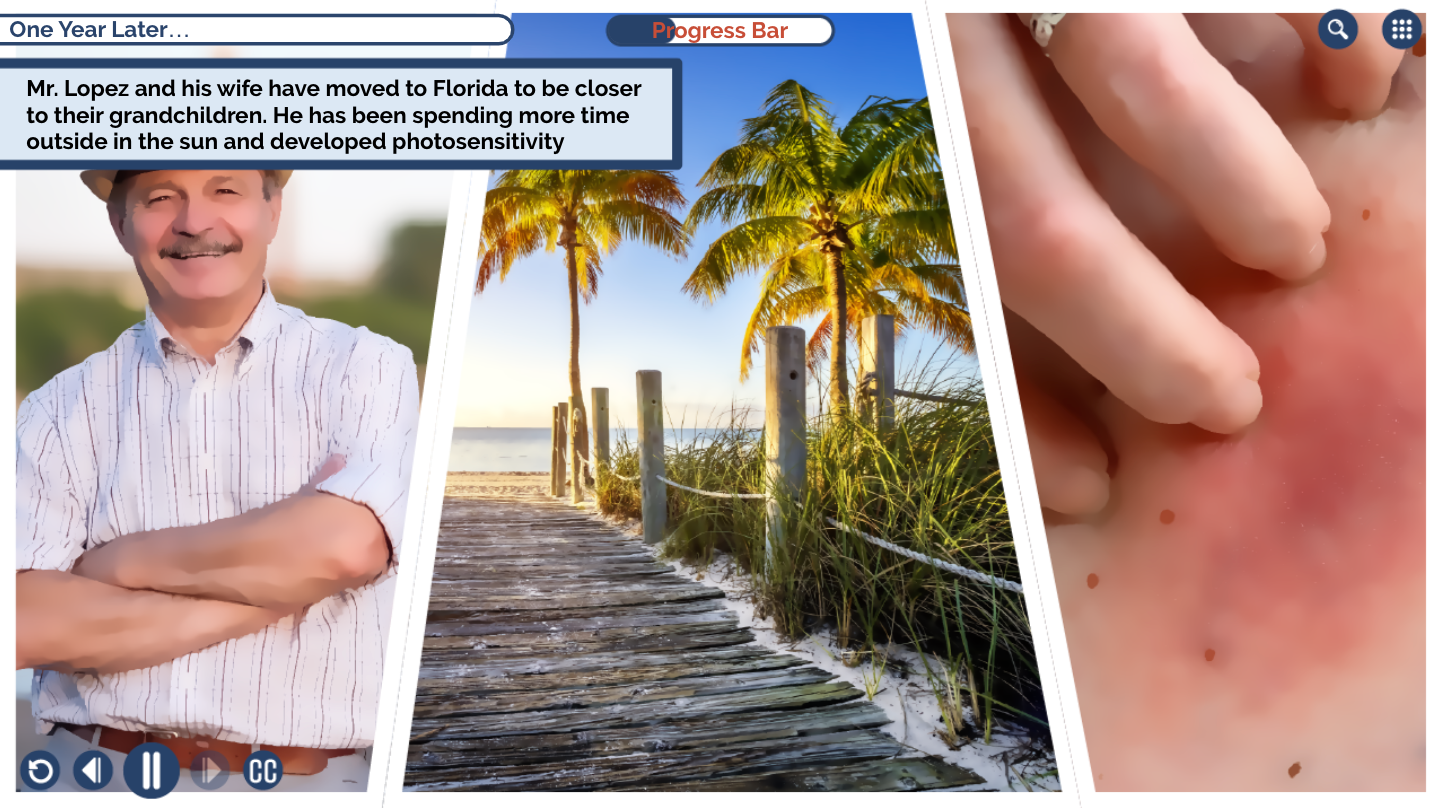 Designing Digitally - Image split into three sections: one featuring a smiling older man in casual attire, another displays a boardwalk leading to a beach, and the third shows a close-up of sunburnt skin illuminated in Designing Digitally -