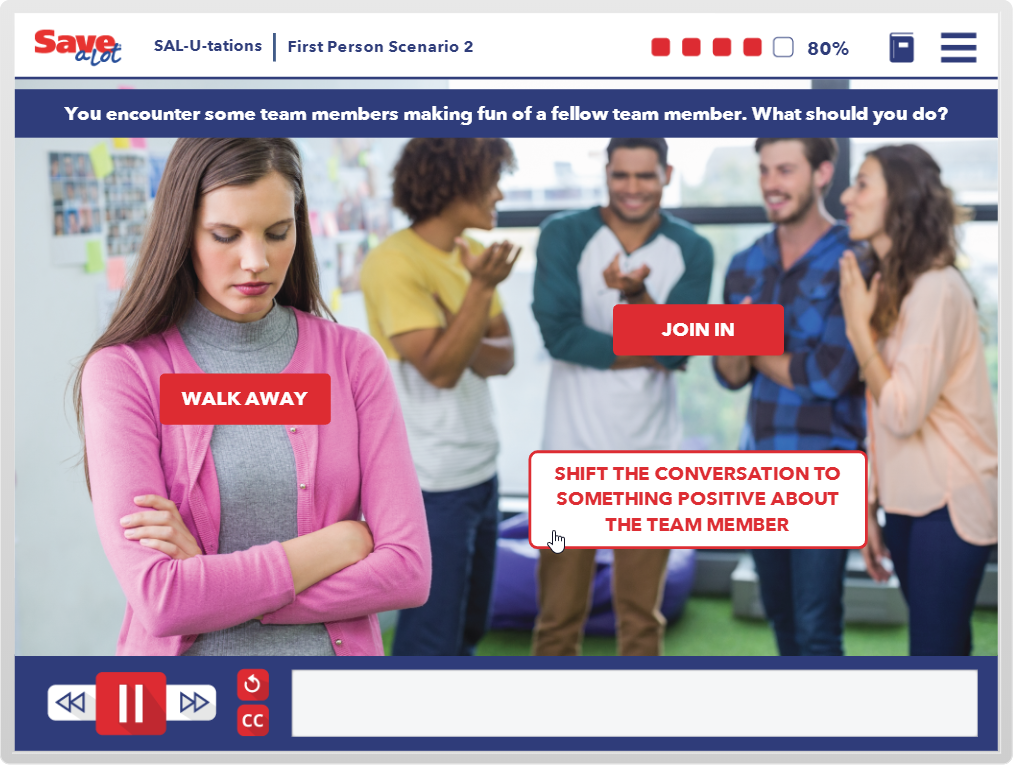 Designing Digitally - A woman in a pink cardigan looks displeased in the foreground; behind her, three colleagues laugh and talk. Interactive buttons suggest response options for a Virtual Reality scenario simulation. Designing Digitally -