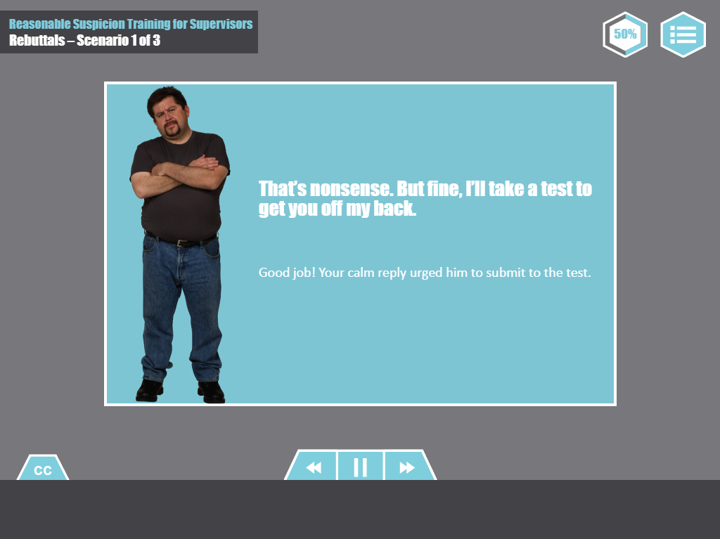 Designing Digitally - A person with crossed arms speaks: "That's nonsense. But fine, I'll take a test to get you off my back." Below, text reads: "Good job! Your calm reply urged him to submit to the Drug & Alcohol Training Program test. Designing Digitally -