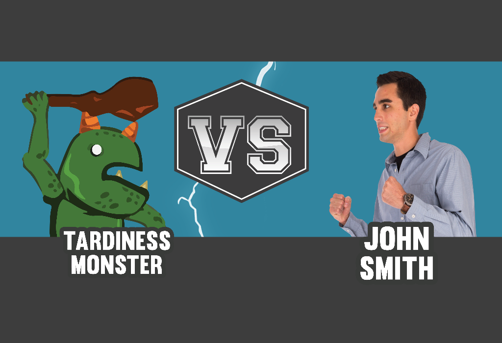 Designing Digitally - Illustration of a green creature labeled "Tardiness Monster" holding a club, facing a person labeled "John Smith" in a fighting stance. Between them is a "VS" icon, reminiscent of leadership training games online. The background is blue with lightning details. Designing Digitally -
