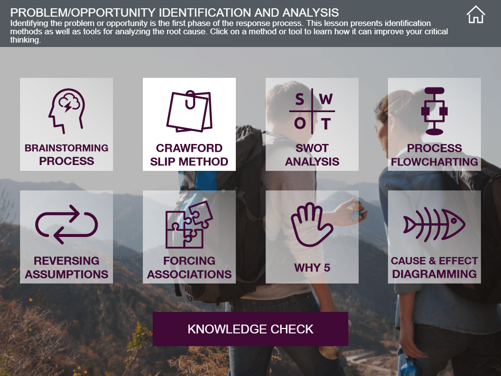 Designing Digitally - Two individuals wearing backpacks stand outdoors. An overlay displays problem-solving methods from the Federal Student Aid Training Program: Brainstorming Process, Crawford Slip Method, SWOT Analysis, Process Flowcharting, Reversing Assumptions, Forcing Associations, Why 5, Cause & Effect Diagramming. Designing Digitally -