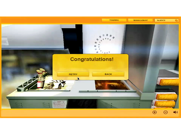 A screenshot of a Fast Food Training simulation game interface showing a "congratulations!" message over a virtual kitchen counter with cooking items and food.