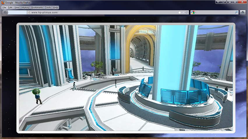 Designing Digitally - Screen capture of a video game showing a futuristic building with tall pillars, vibrant blue energy cores, and a character in a virtual reality green suit. Designing Digitally -