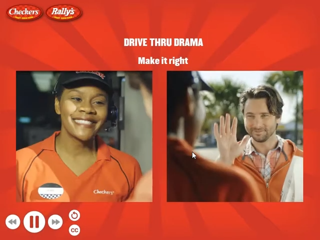Designing Digitally - Split-screen image with a Checkers/Rally's employee smiling and a customer in a car raising his hand. The text above reads, "DRIVE THRU DRAMA Make it right." Inspired by our training games, we're here to turn every fast food moment into a win. Designing Digitally -