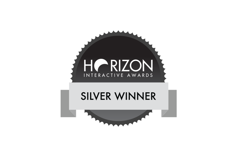 Designing Digitally - The image shows a black and silver badge that reads "Horizon Interactive Awards Silver Winner" on a silver ribbon, celebrating excellence in Custom Online Leadership Training. Designing Digitally -