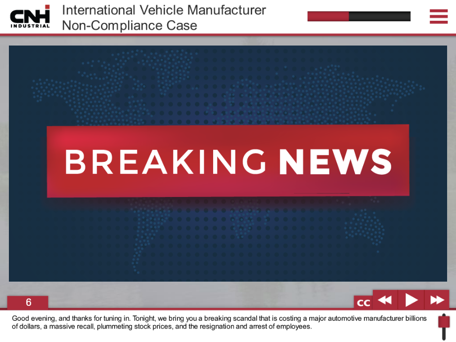 Designing Digitally - A news broadcast screen with a "BREAKING NEWS" headline, reporting on an international vehicle manufacturer's non-compliance case with emissions standards, financial losses, a recall, falling stock prices, and employee resignations. Designing Digitally -