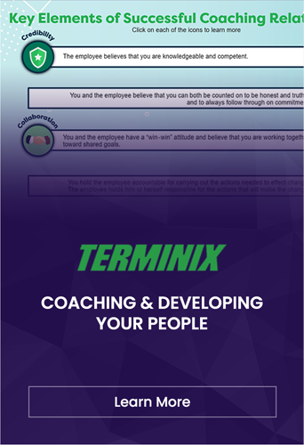 A screenshot of a corporate coaching infographic with the header "key elements of successful leadership coaching" and highlighted phrases like "you and the employee have a 'win-win' attitude" and "coaching for