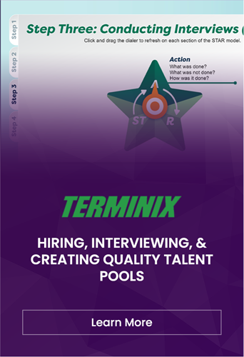 Designing Digitally - A presentation slide titled "Terminx: Hiring, Interviewing, & Creating Quality Talent Pools" with a focus on leveraging custom leadership training vendors and instructions on conducting interviews using the STAR model. A "Learn More" button is at the bottom. Designing Digitally -