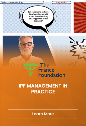 An illustration of a medical e-learning module by the France Foundation featuring a doctor discussing treatment options for idiopathic pulmonary fibrosis with a patient.