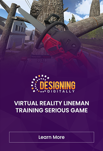 Designing Digitally - Promotional image for a virtual reality lineman training eLearning platform, featuring a close-up of a VR headset against a utility pole backdrop, with a "learn more" button. Designing Digitally -