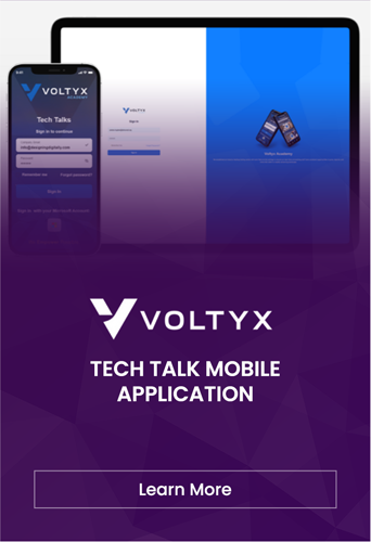 Promotional graphic for the VOLTYX Tech Talk mobile application featuring a smartphone and tablet displaying the app interface with a "learn more" call-to-action button.