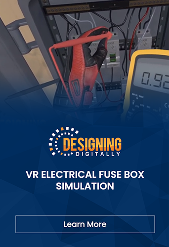 Designing Digitally - Promotional image for a Virtual Reality electrical fuse box simulation designed digitally, featuring a digital multimeter and a hand in a VR glove. Designing Digitally -