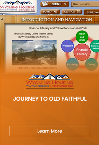 A screenshot of an educational website interface with a module on financial literacy training program, featuring an image of Old Faithful in Yellowstone National Park, Wyoming.