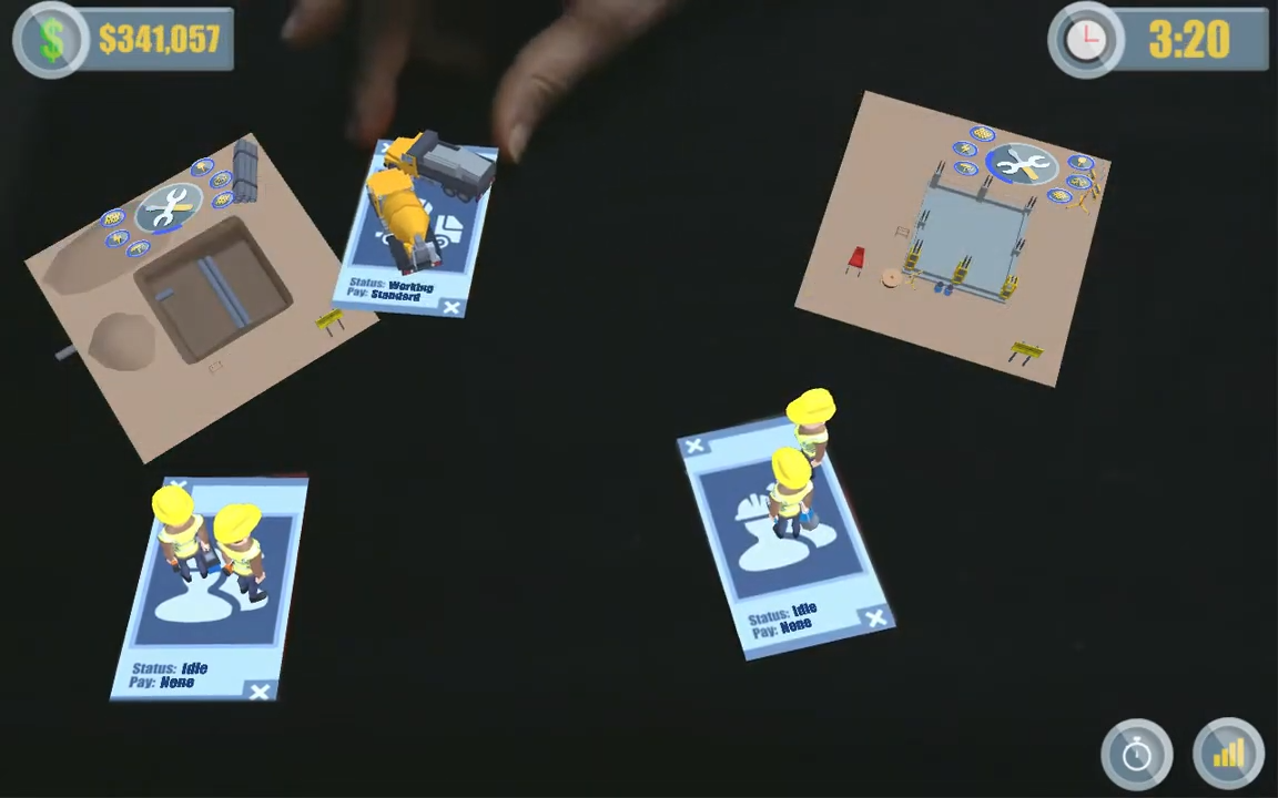 Virtual hands arranging cards and tokens on a simulated game board with a strategic layout in an Augmented Reality Training Game, displaying a financial figure and a countdown timer.