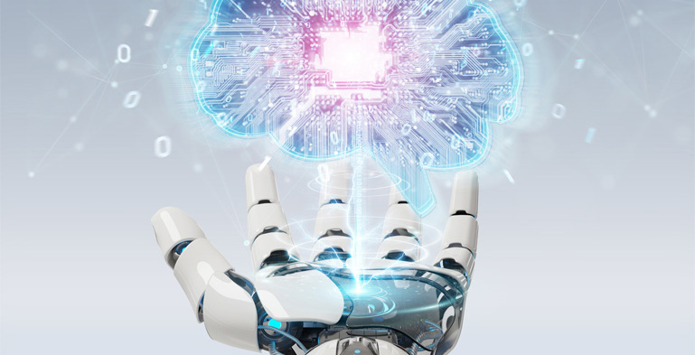 Designing Digitally - A robot hand with circuits directing a holographic brain, surrounded by floating digital binary code on a light background, designed by an Online Training Vendor. Designing Digitally -